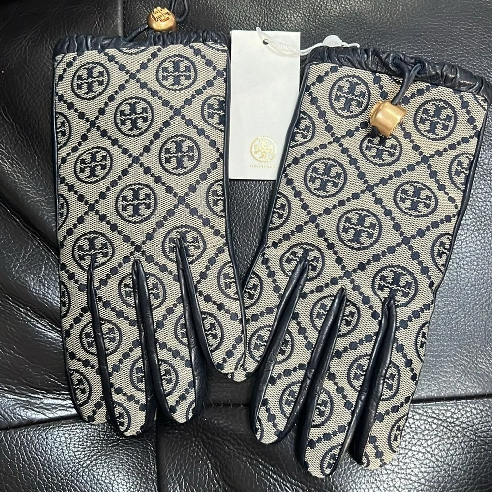 Tory Burch T Monogram Jacquard & Leather Gloves sz 8 in Navy NWT 298$